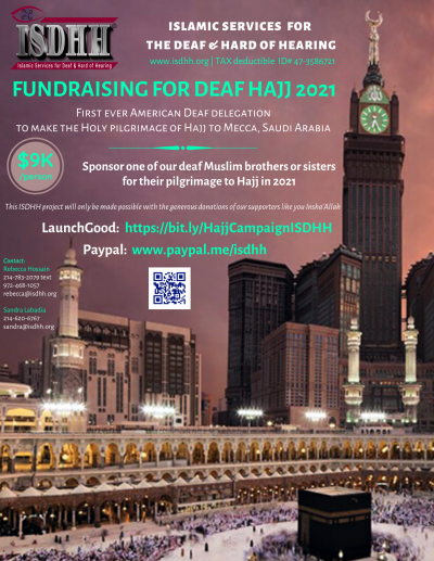 A flyer titled "fundraising for Deaf Hajj 2021" with an image of Kaaba in Masjid al-Haram with a city skyline with a clock tower.